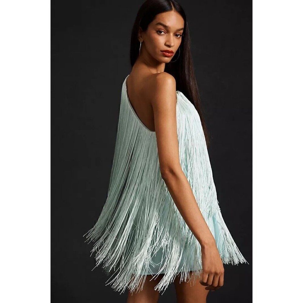 NWT ANTHROPOLOGIE X HUTCH ONE SHOULDER FRINGE MINI DRESS IN MINT - Picture 3 of 4